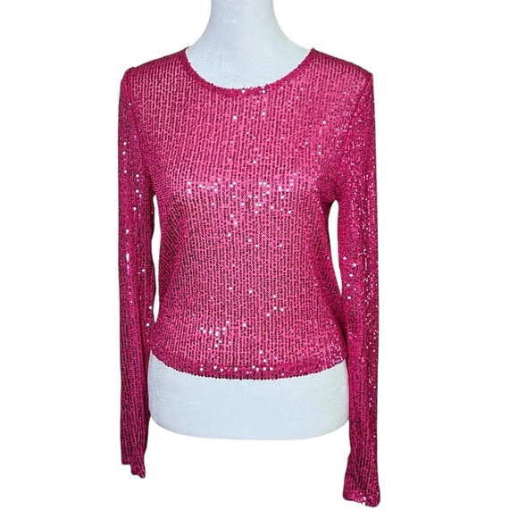 Chelsea & Violet Pink Sequin Top Festive Boxy Layering Semi Sheer Sz Small NEW - Picture 1 of 12